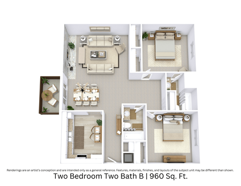 Floor plan for 2 beds, 2 baths, 960 sqft
